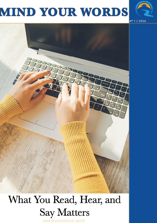 Person typing on a laptop with a magazine cover titled 'Mind Your Words' in the background.